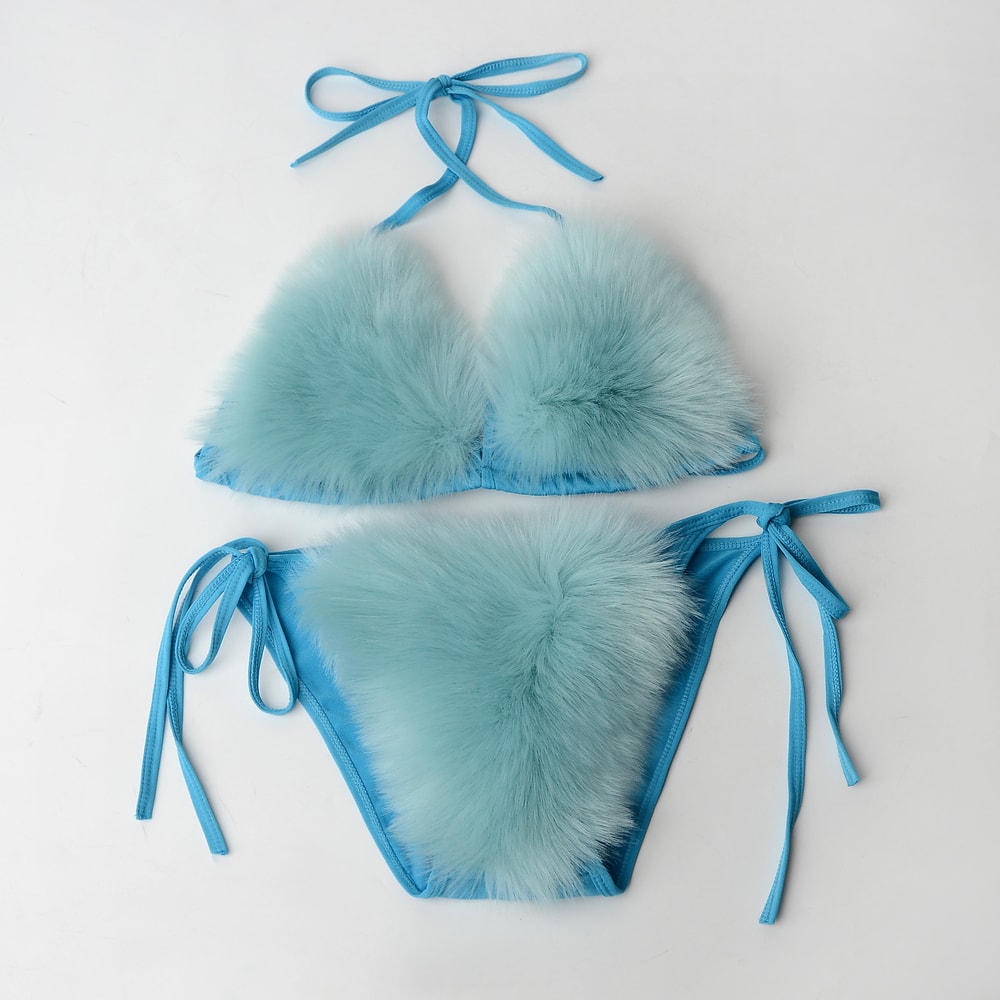 Faux Fur Bikini Set Plush Halter Triangle Swimsuit for Women