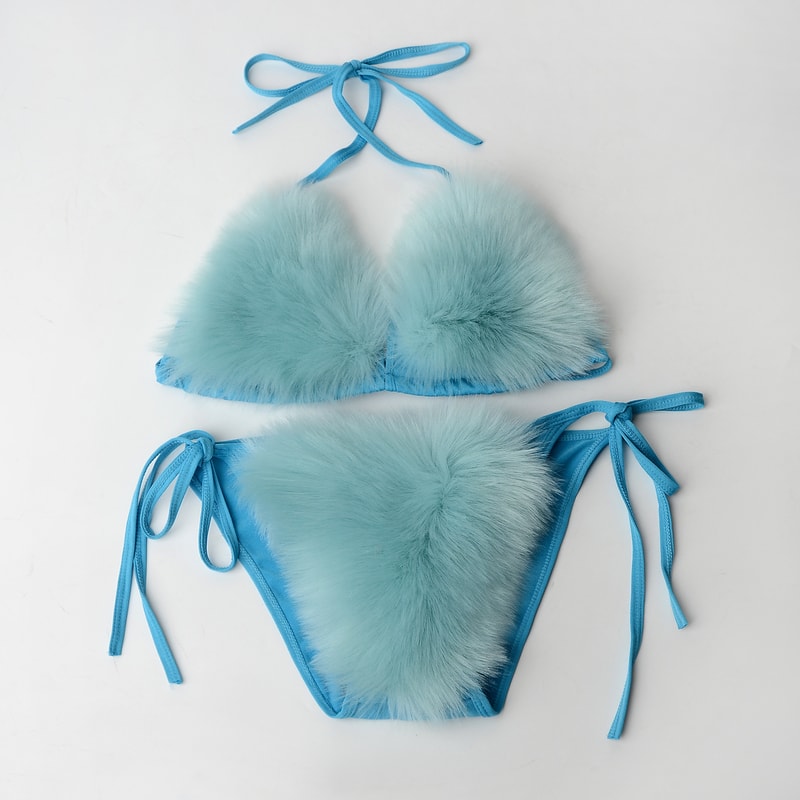 Faux Fur Bikini Set Plush Halter Triangle Swimsuit for Women