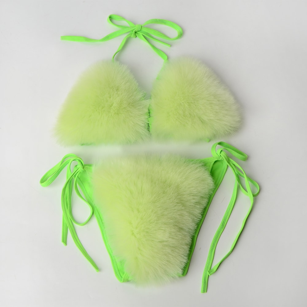 Faux Fur Bikini Set Plush Halter Triangle Swimsuit for Women