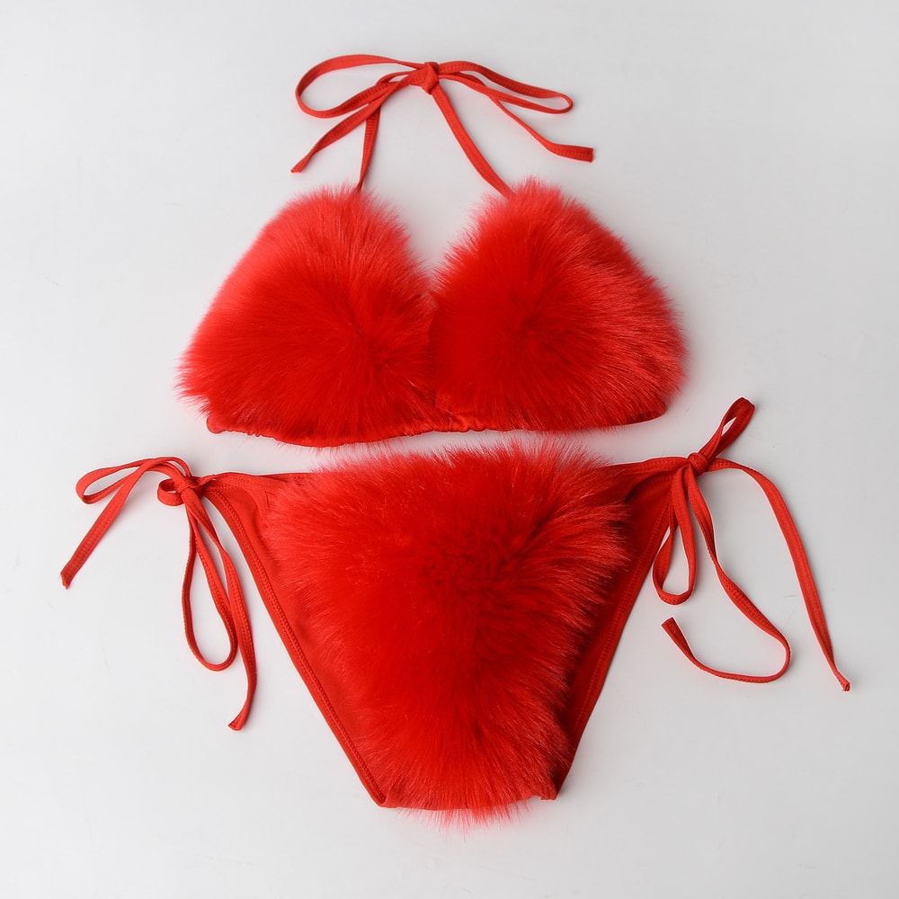 Faux Fur Bikini Set Plush Halter Triangle Swimsuit for Women