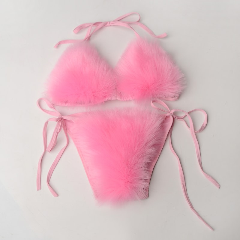 Faux Fur Bikini Set Plush Halter Triangle Swimsuit for Women