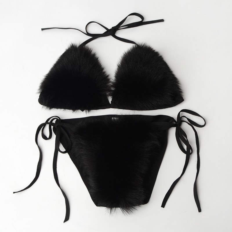 Faux Fur Bikini Set Plush Halter Triangle Swimsuit for Women