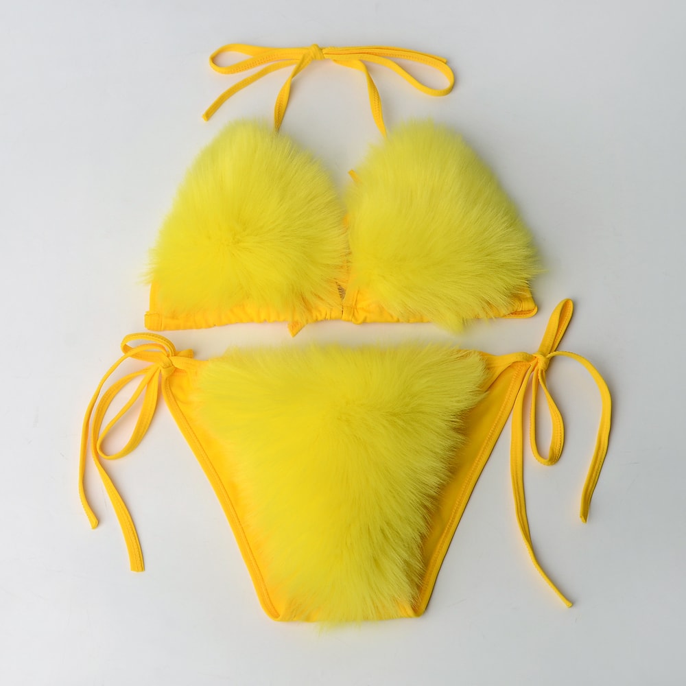 Faux Fur Bikini Set Plush Halter Triangle Swimsuit for Women