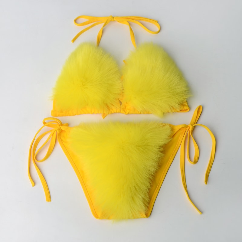 Faux Fur Bikini Set Plush Halter Triangle Swimsuit for Women