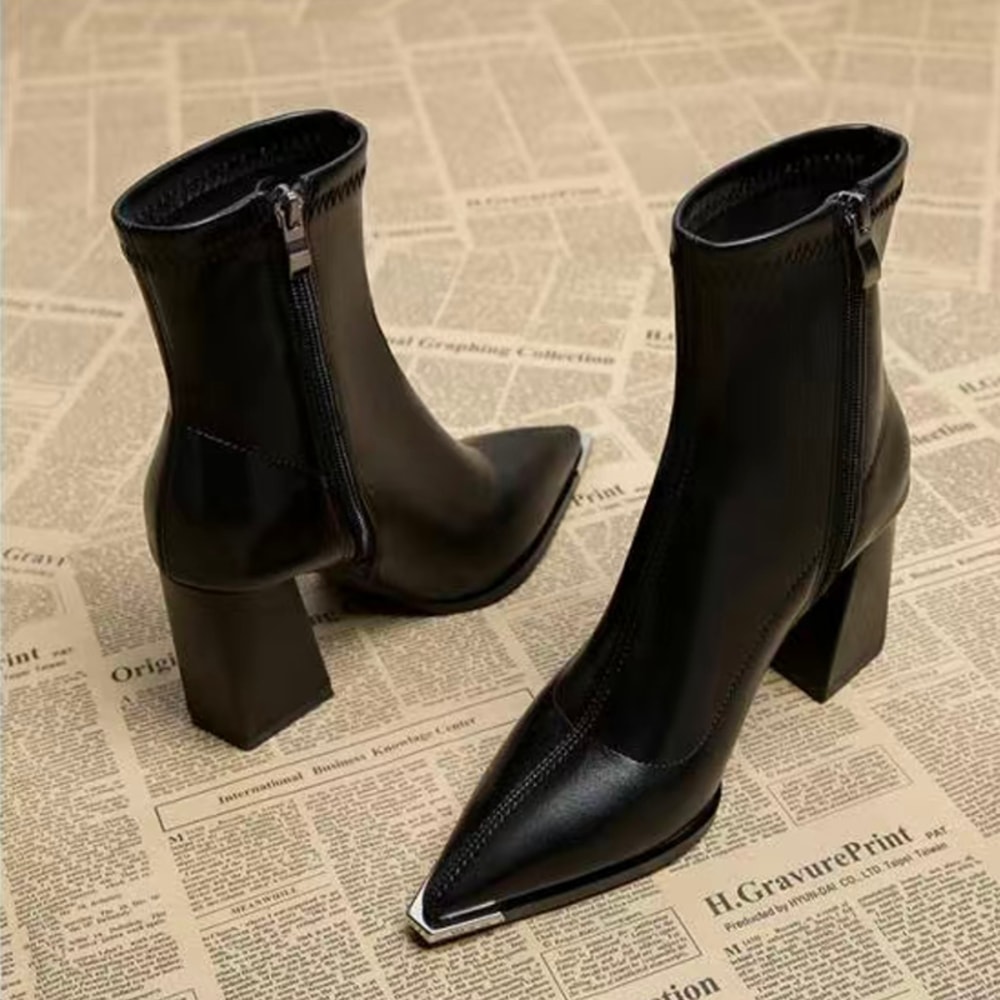 French Retro Pointed Toe Ankle Boots High Heel Chelsea Booties For Women 0