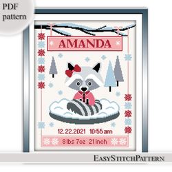 Birth announcement cross stitch pattern, Cute raccoon cross stitch, DIY, Forest animals