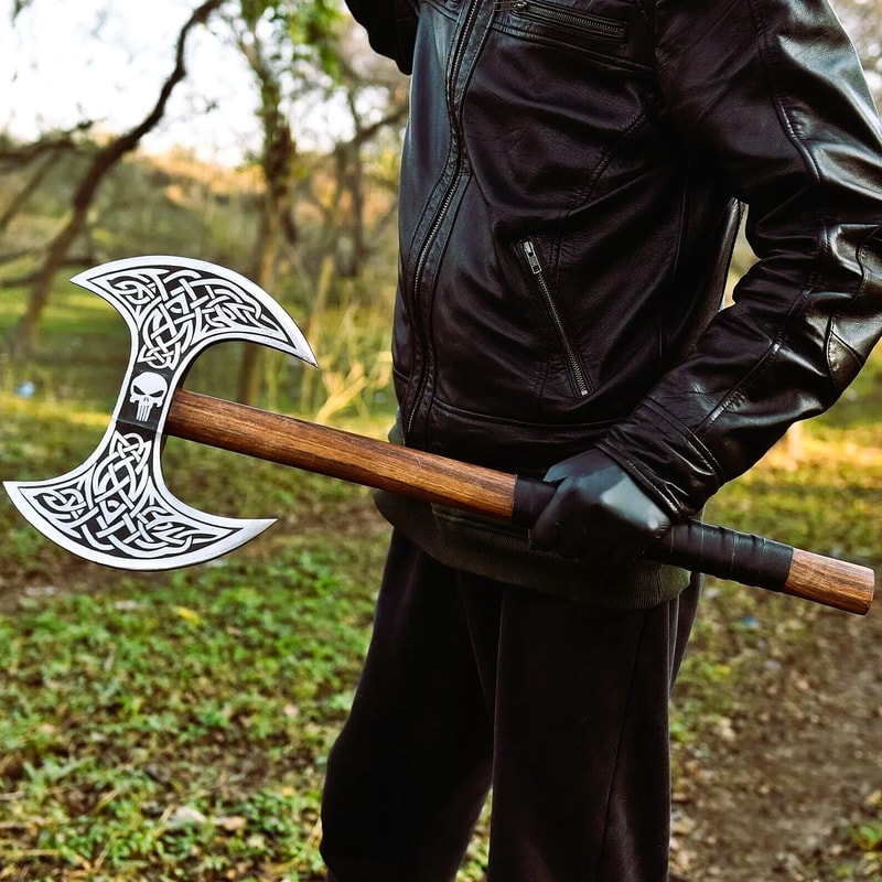 Handmade Carbon Steel Double Headed Viking Axe With Leather Sheath Gift For Men 1