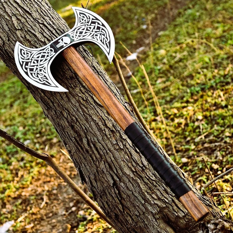Handmade Carbon Steel Double Headed Viking Axe With Leather Sheath Gift For Men 5