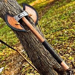 handmade carbon steel double headed viking axe with leather sheath gift for men