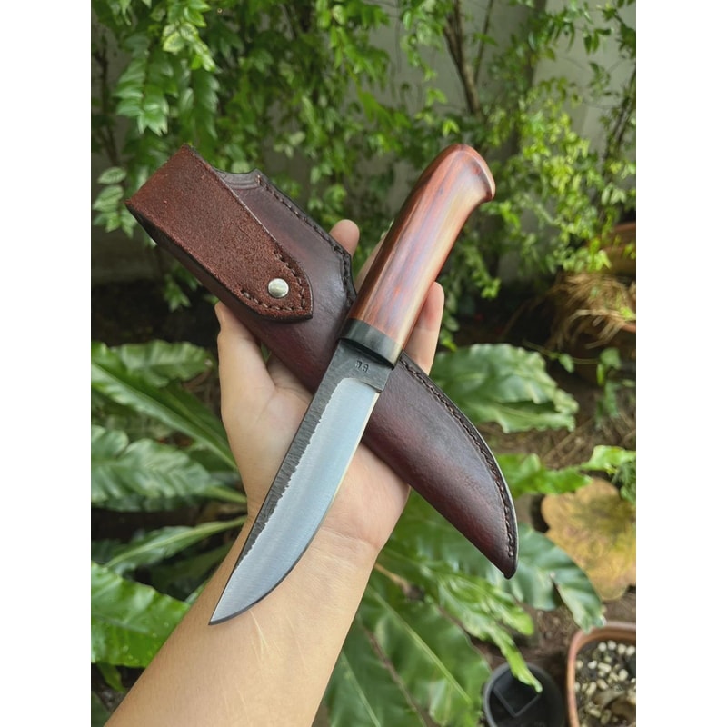 Handmade Carbon Steel Hunting Knife Rosewood Handle Leather Sheath Gift For Hunters 0