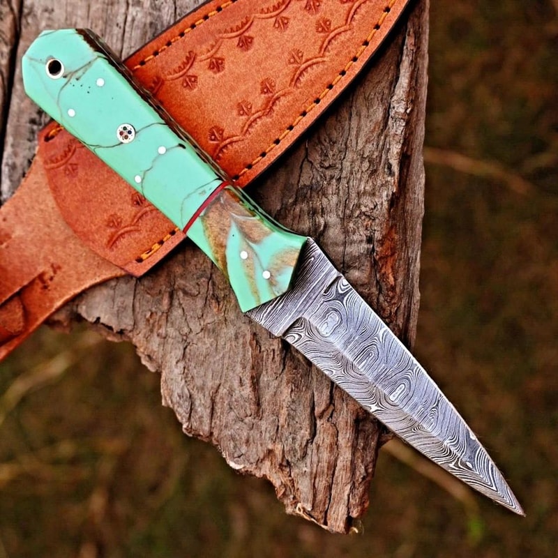 Handmade Damascus Steel Boot Knife Resin Handle Leather Sheath Gift For Men Premium Resin Handle K 0