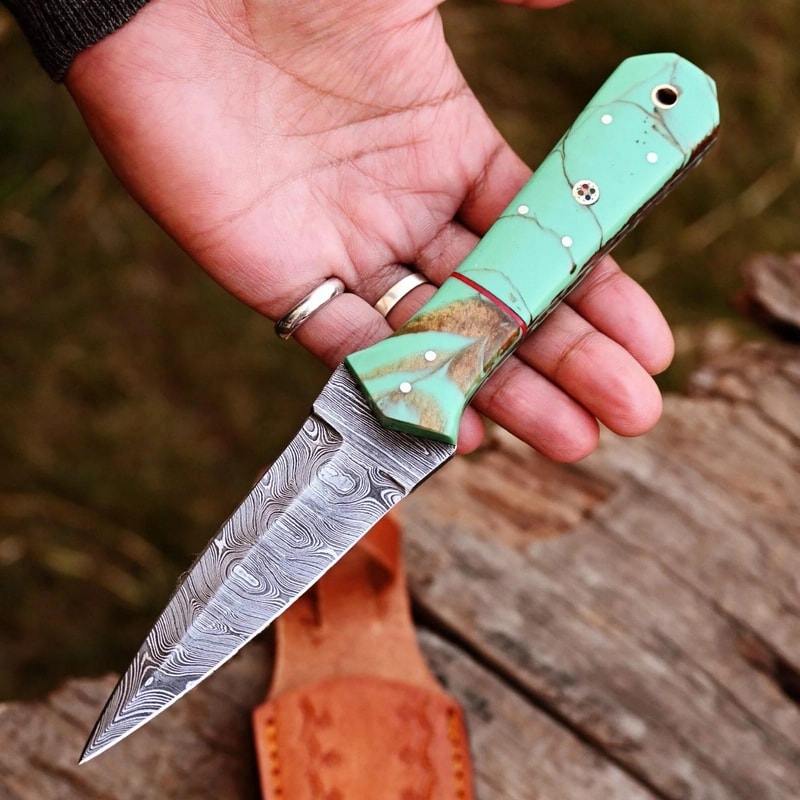 Handmade Damascus Steel Boot Knife Resin Handle Leather Sheath Gift For Men Premium Resin Handle K 1