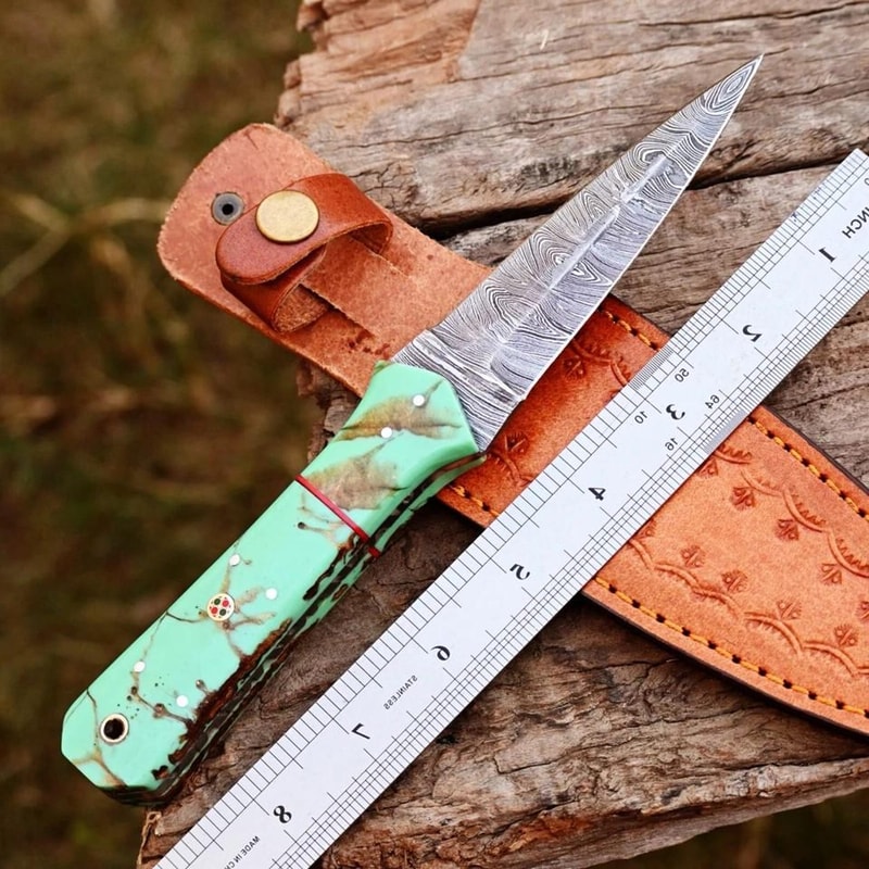 Handmade Damascus Steel Boot Knife Resin Handle Leather Sheath Gift For Men Premium Resin Handle K 3