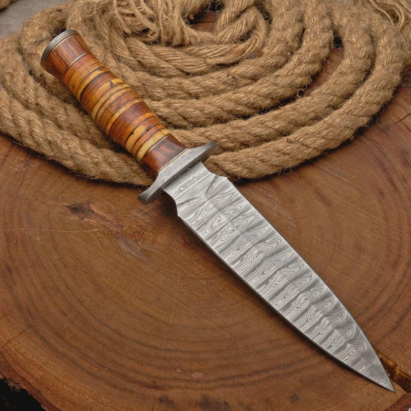 Handmade Damascus Steel Dagger Knife Leather Stack Handle Camping Gift For Men 2