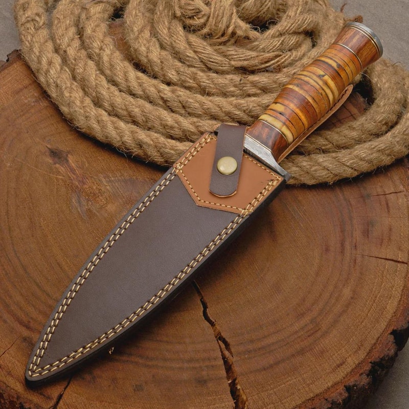 Handmade Damascus Steel Dagger Knife Leather Stack Handle Camping Gift For Men 8