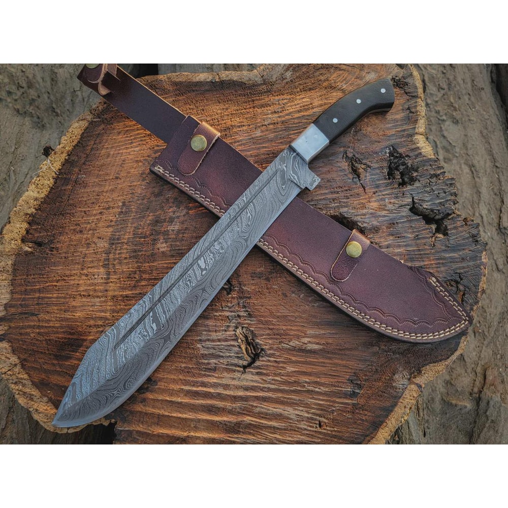 Handmade Damascus Steel Machete 18 Inch Blade Wood Handle Leather Sheath Gift For Men 5