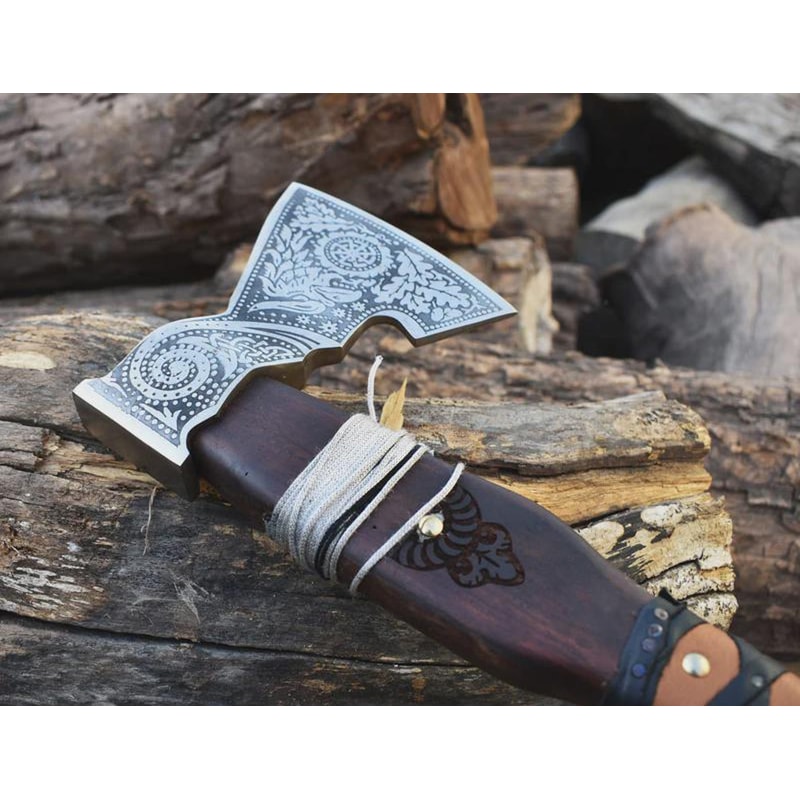 Handmade Engraved High Carbon Viking Axe Hatchet With Leather Sheath Norse Gift For Men 2