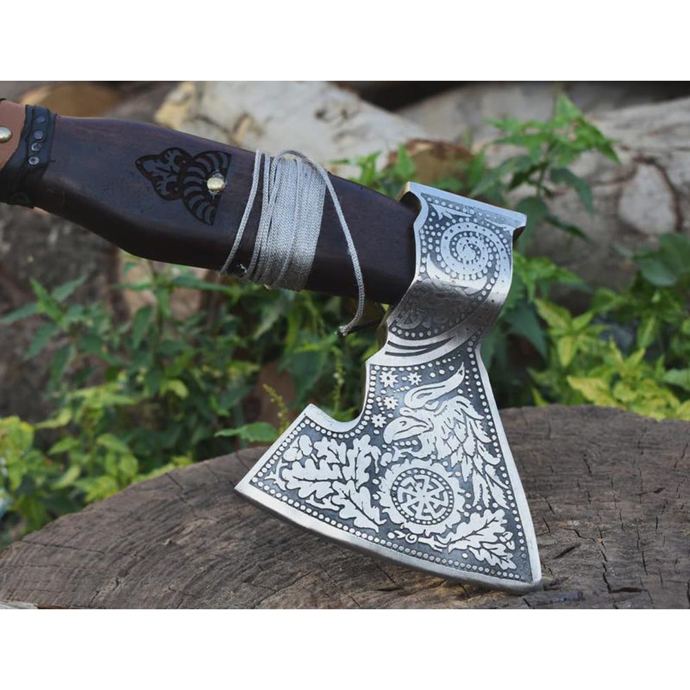 Handmade Engraved High Carbon Viking Axe Hatchet With Leather Sheath Norse Gift For Men 4