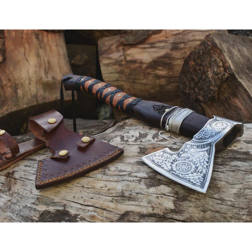 Handmade Engraved High Carbon Viking Axe Hatchet With Leather Sheath Norse Gift For Men 5