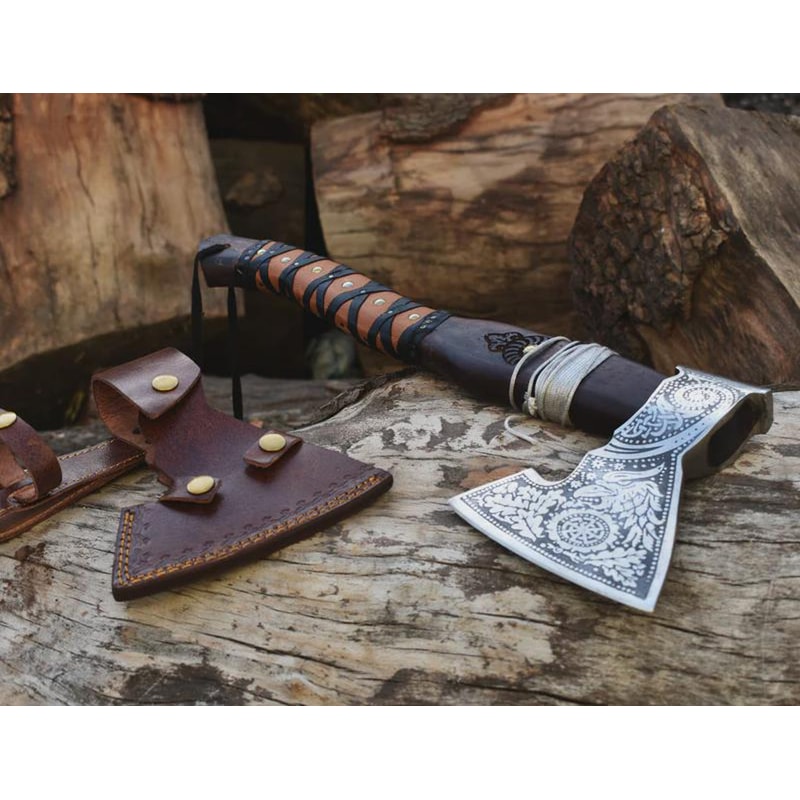 Handmade Engraved High Carbon Viking Axe Hatchet With Leather Sheath Norse Gift For Men 5