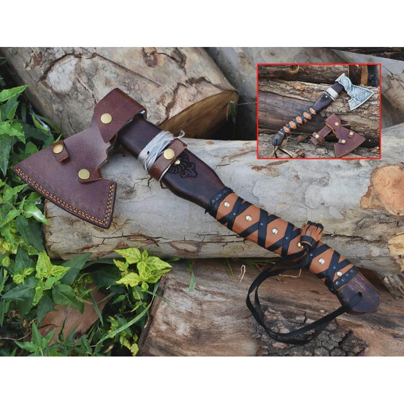 Handmade Engraved High Carbon Viking Axe Hatchet With Leather Sheath Norse Gift For Men 7