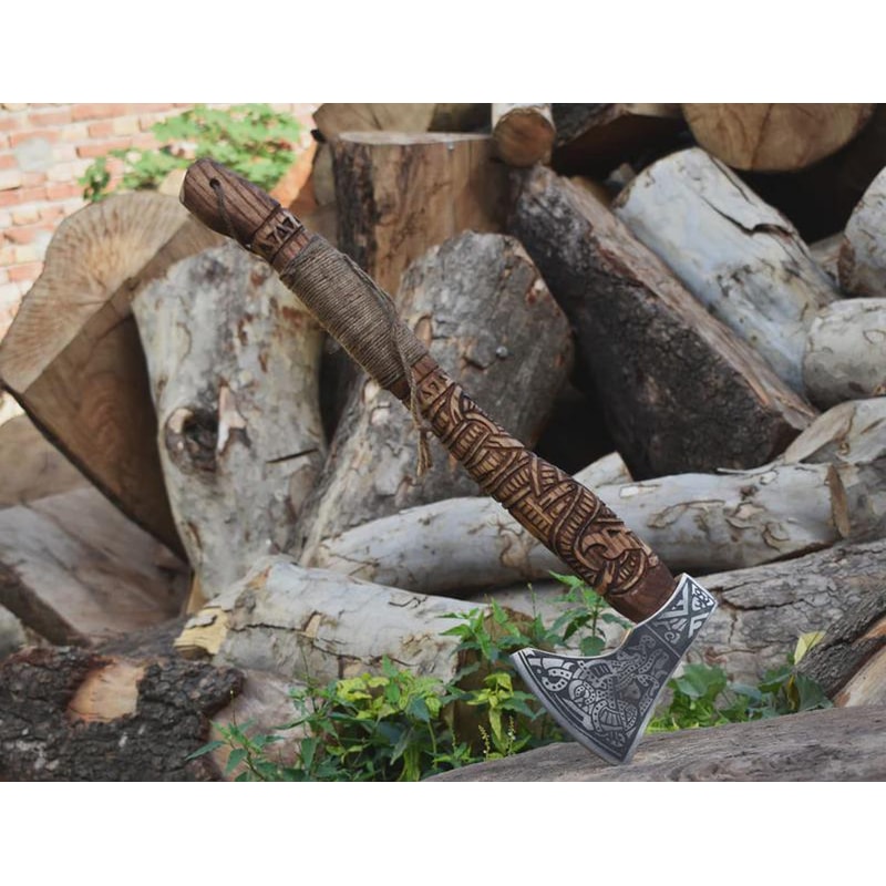 Handmade Engraved High Carbon Viking Axe Hatchet Leather Sheath Norse Gift For Men 0