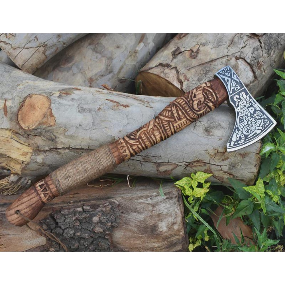 Handmade Engraved High Carbon Viking Axe Hatchet Leather Sheath Norse Gift For Men 1