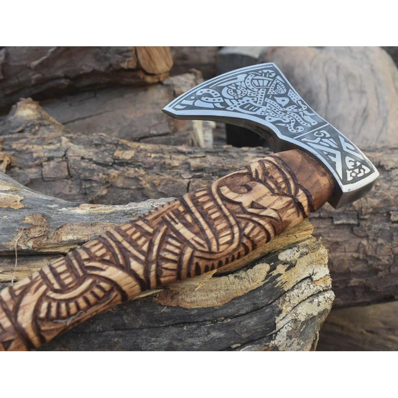 Handmade Engraved High Carbon Viking Axe Hatchet Leather Sheath Norse Gift For Men 2