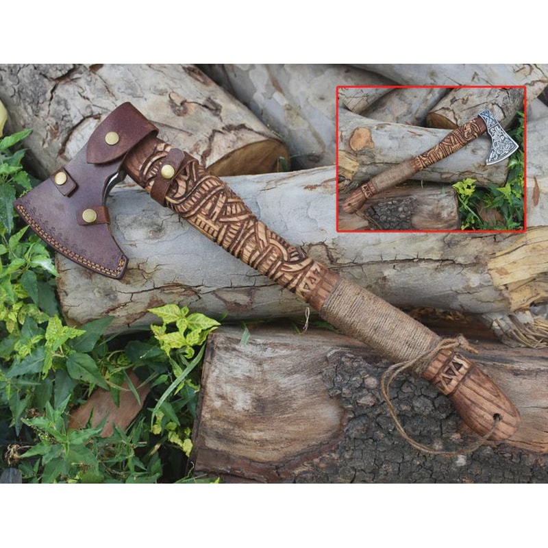 Handmade Engraved High Carbon Viking Axe Hatchet Leather Sheath Norse Gift For Men 6