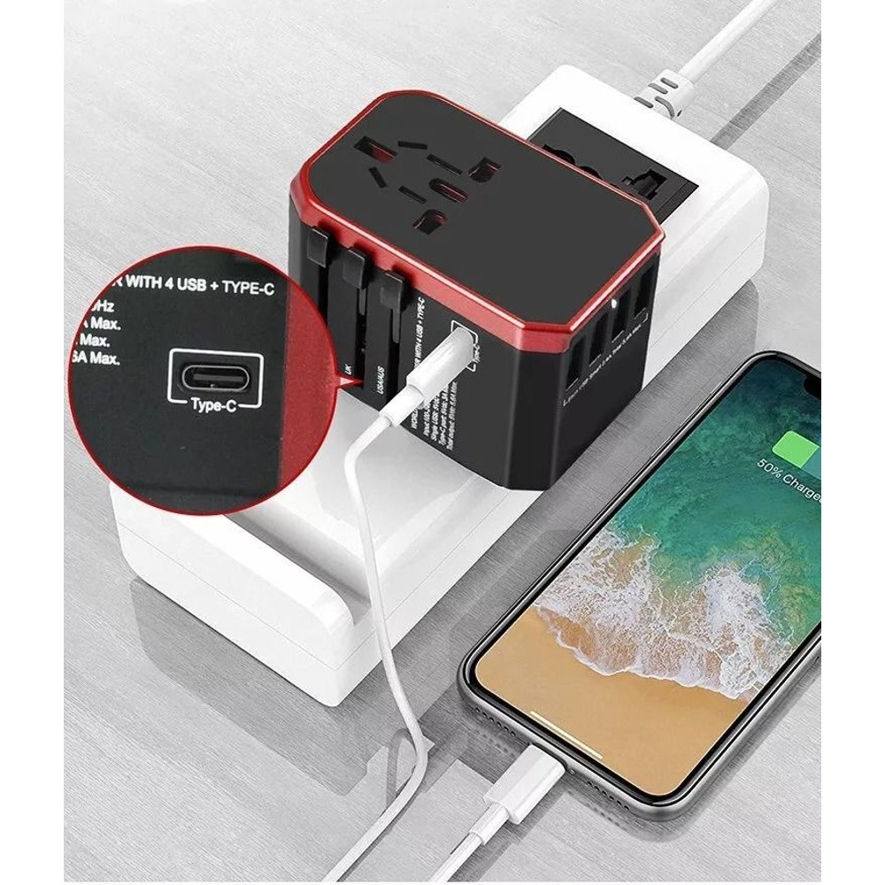 Travel Smart Adapter 5 Ports Universal Charger with 4 USB Type C for Worldwide Use