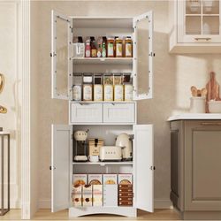 stylish freestanding pantry cabinet – 67" tall storage cabinet with glass door & drawers