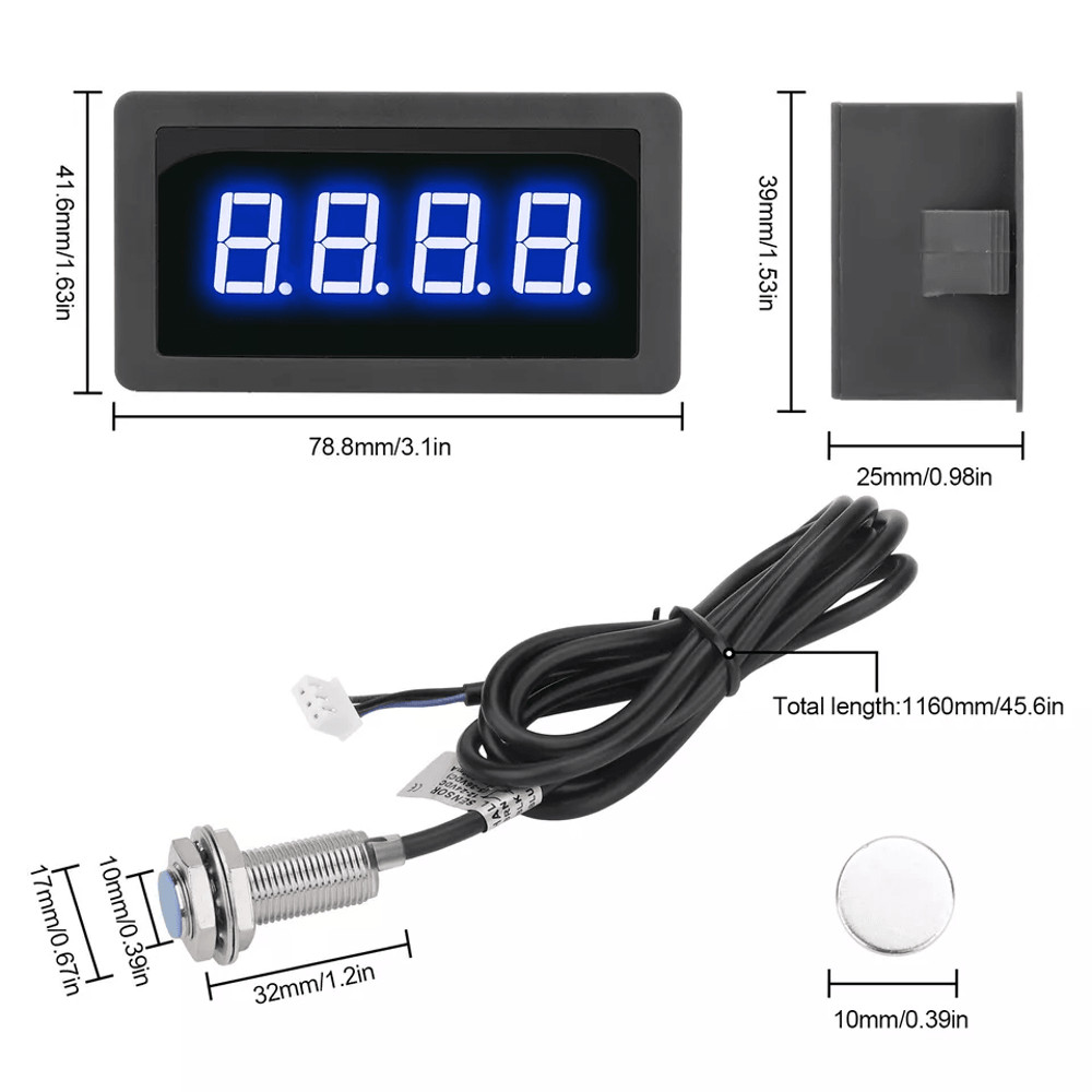 Digital LED Tachometer RPM Speed Meter Gauge With Hall Proximity Switch Sensor NPN 3