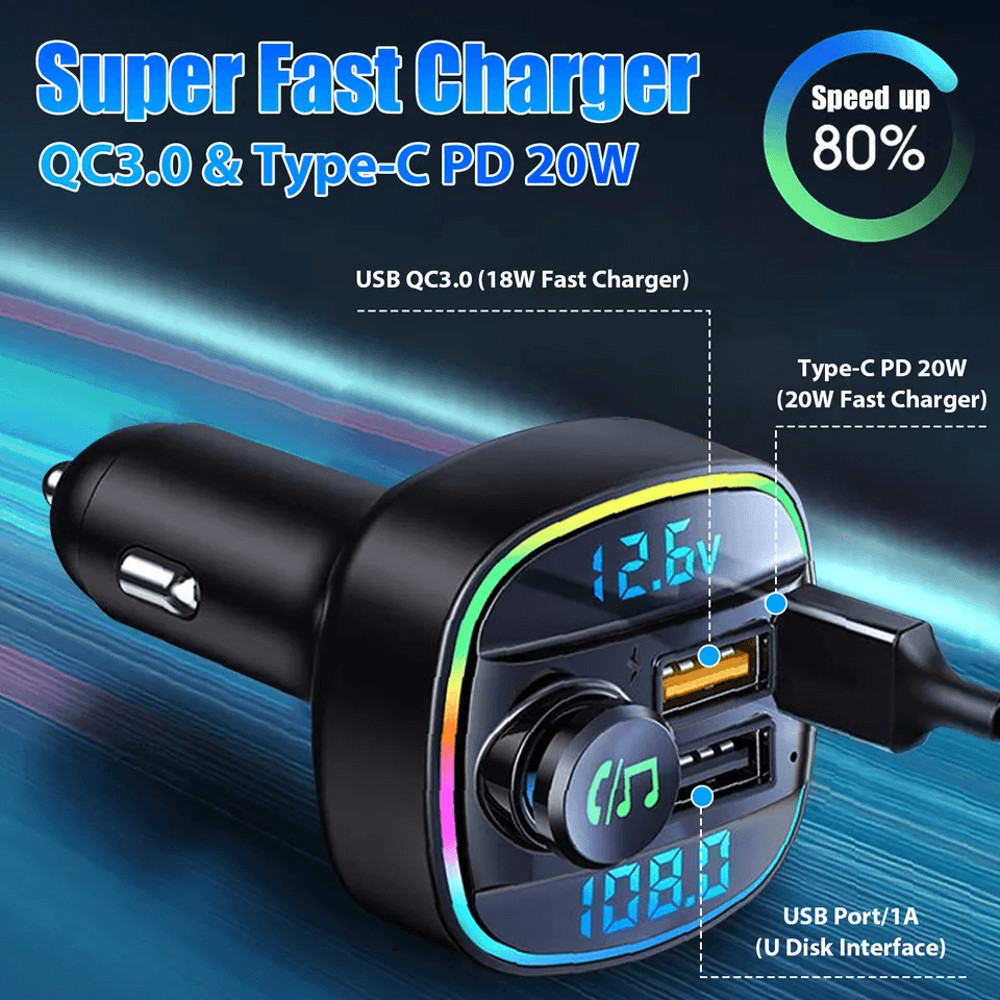 Bluetooth Car Wireless FM Transmitter Adapter With USB PD Charger AUX HandsFree Calling 7Color LED 6