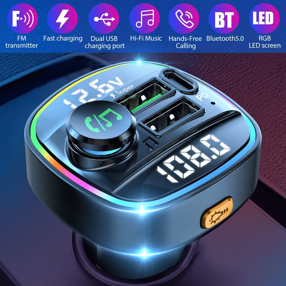 Bluetooth Car Wireless FM Transmitter Adapter With USB PD Charger AUX HandsFree Calling 7Color LED 0