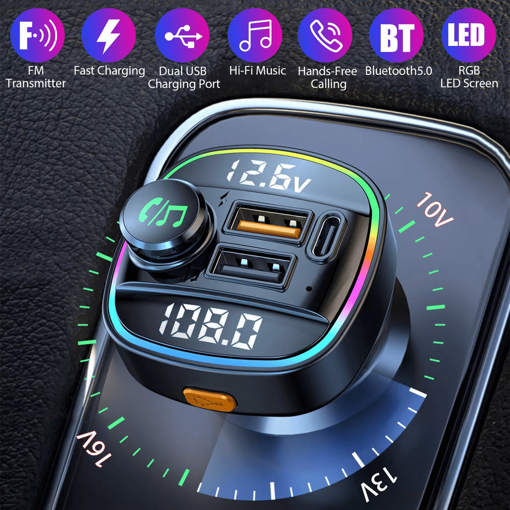 Bluetooth Car Wireless FM Transmitter Adapter With USB PD Charger AUX HandsFree Calling 7Color LED 1