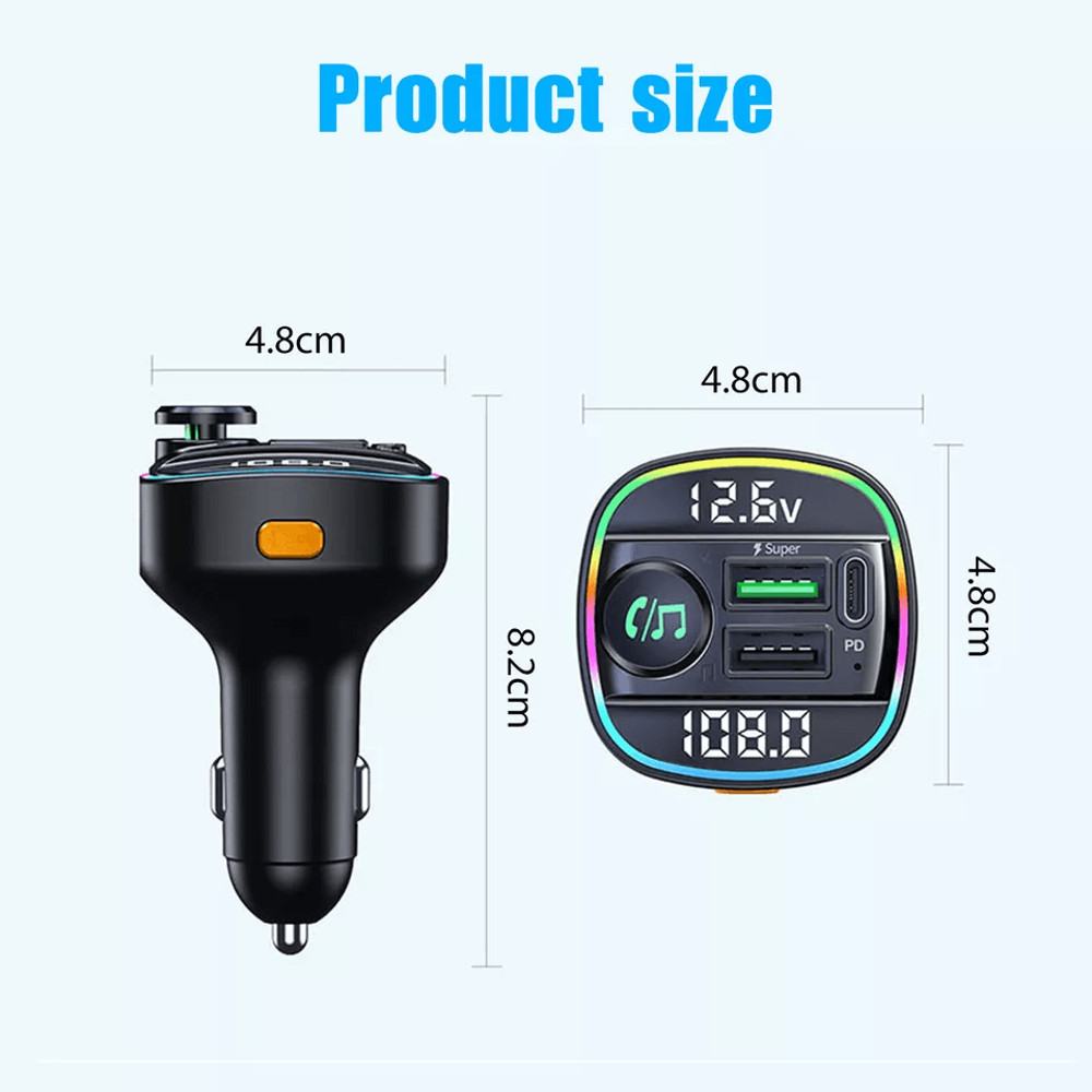Bluetooth Car Wireless FM Transmitter Adapter With USB PD Charger AUX HandsFree Calling 7Color LED 8