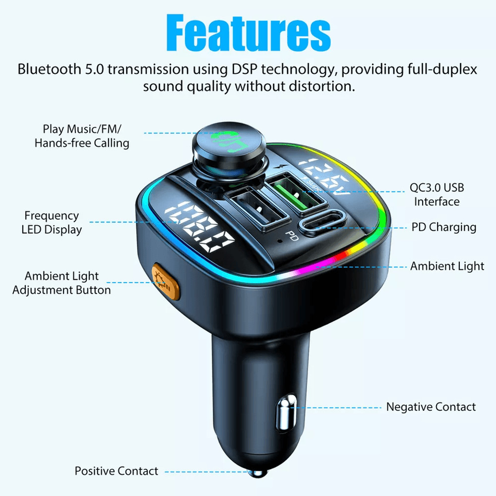 Bluetooth Car Wireless FM Transmitter Adapter With USB PD Charger AUX HandsFree Calling 7Color LED 7