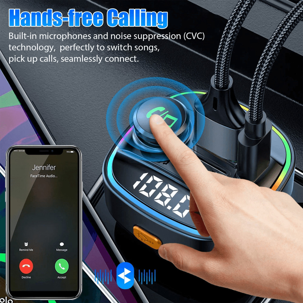 Bluetooth Car Wireless FM Transmitter Adapter With USB PD Charger AUX HandsFree Calling 7Color LED 2