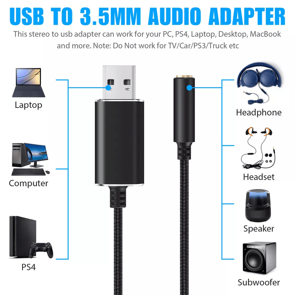 Universal USB To Aux Audio Adapter For PC PS4 MacBook Laptop Headphone Jack Cable With Microphone 5