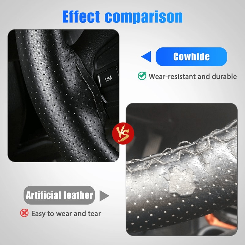 Genuine Leather DIY Car Steering Wheel Cover Antislip HandStitched Wrap Black Universal Interior Ac 2