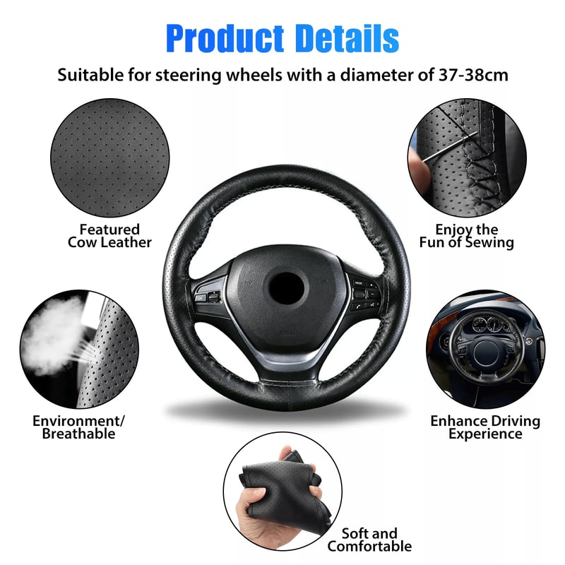 Genuine Leather DIY Car Steering Wheel Cover Antislip HandStitched Wrap Black Universal Interior Ac 3
