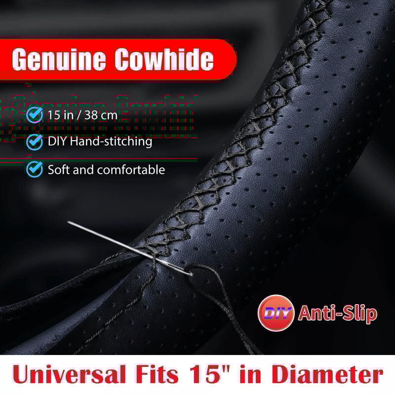 Genuine Leather DIY Car Steering Wheel Cover Antislip HandStitched Wrap Black Universal Interior Ac 0