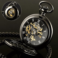 mens black mechanical pocket watch – steampunk skeleton design with retro chain, luxury classic timepiece