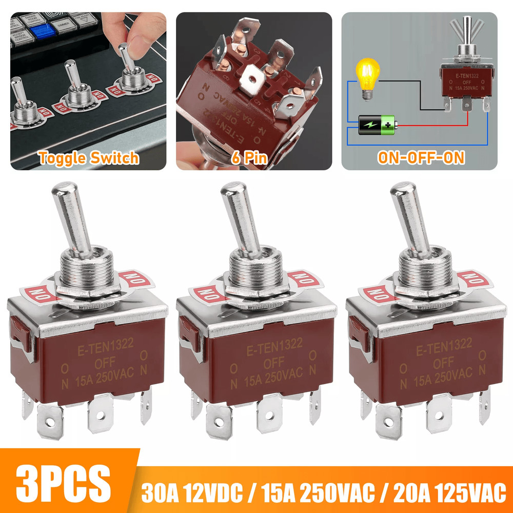 3PCS Toggle Switch Heavy Duty 20A 125V15A 250V DPDT ONOFFON 6Pin Spade Terminals For Car Marine RV 0