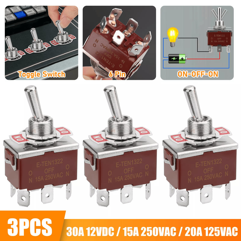 3PCS Toggle Switch Heavy Duty 20A 125V15A 250V DPDT ONOFFON 6Pin Spade Terminals For Car Marine RV 0