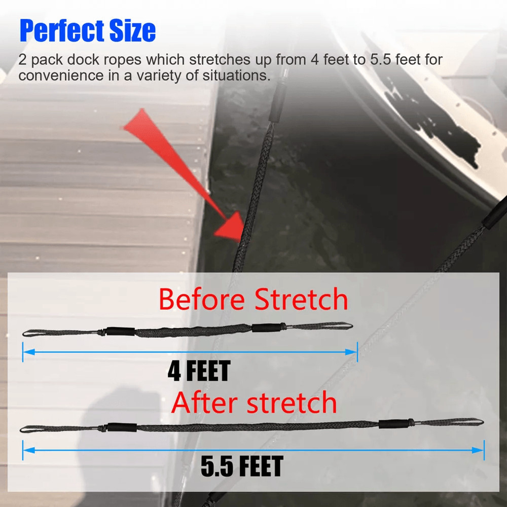 Black Marine Bungee Dock Lines Stretchable Mooring Ropes With Hooks 4