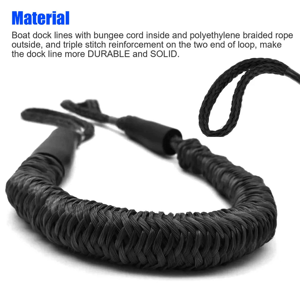 Black Marine Bungee Dock Lines Stretchable Mooring Ropes With Hooks 2