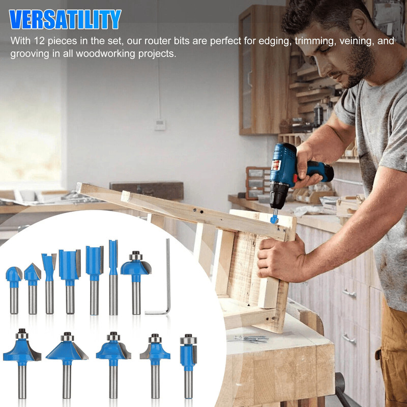 12 Piece Tungsten Carbide Router Bit Set Shank Woodworking Tools For Trimming Grooving Edging  DIY  6