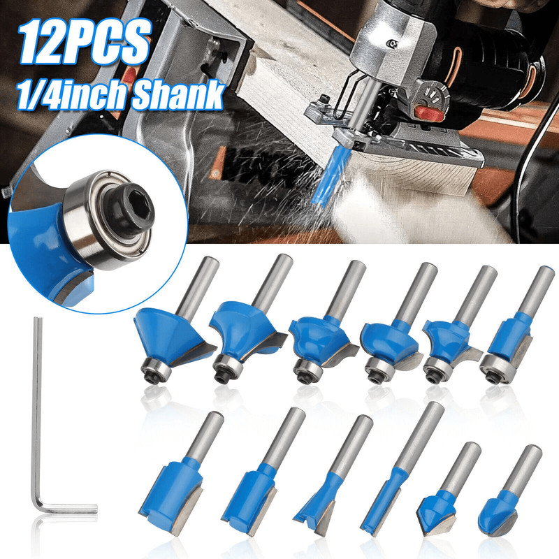 12 Piece Tungsten Carbide Router Bit Set Shank Woodworking Tools For Trimming Grooving Edging  DIY  1