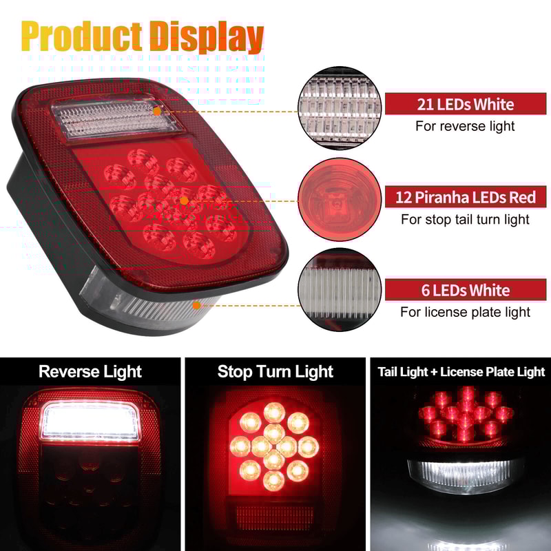 1 Pair Rear 39 LED Tail Lights Brake License Plate Lamp Waterproof Square Stop Turn Tail Light For 1